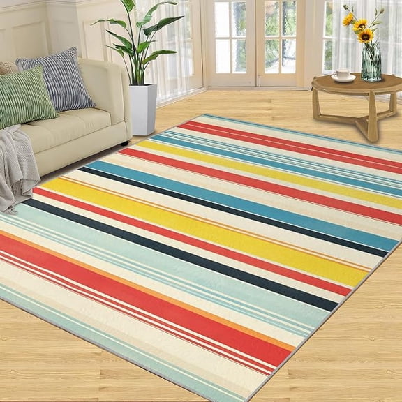 Modern Rug - Rainbow Colors Rugs for Living Room, Simple Lines Area Rug, Washable Rugs for Bedroom, Non Slip & Low-Pile, Soft Indoor Carpet & Home Decor 3 x 5ft