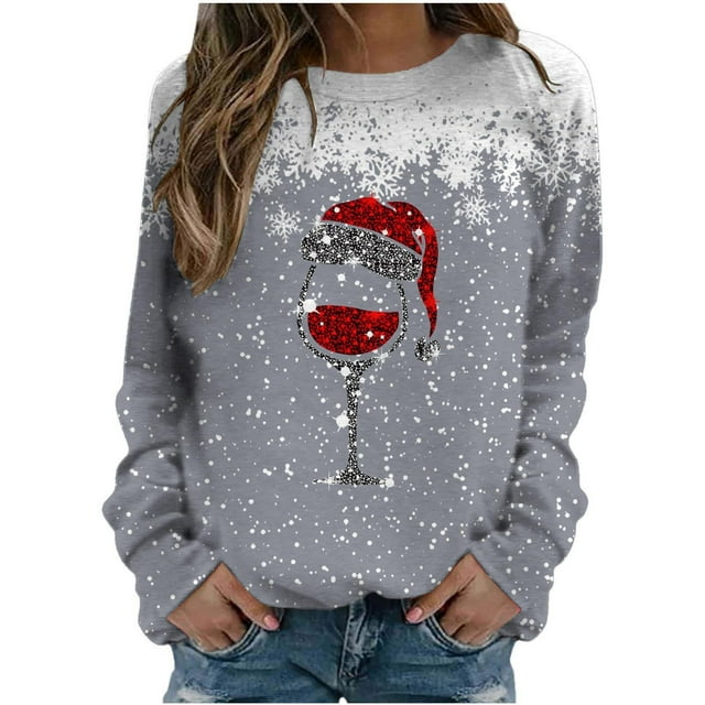 lcziwo Chandails à Manches Longues pour Femmes, Chandail à Enfiler, Chandails à Col Rond, Automne, Décontracté, Mignon, Hauts Amples, Verres de Vin Rouge, Chandail Graphique, Hauts de Sortie pour Femmes, Gris, m