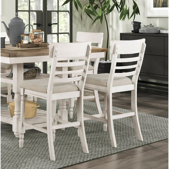 Antique White Farmhouse Counter Height Chairs (Set of 2) with Light Gray Fabric Upholstered Seat, Wood Frame, 250lb Capacity, for Dining Rooms, 19.5"W x 22"D x 42"H