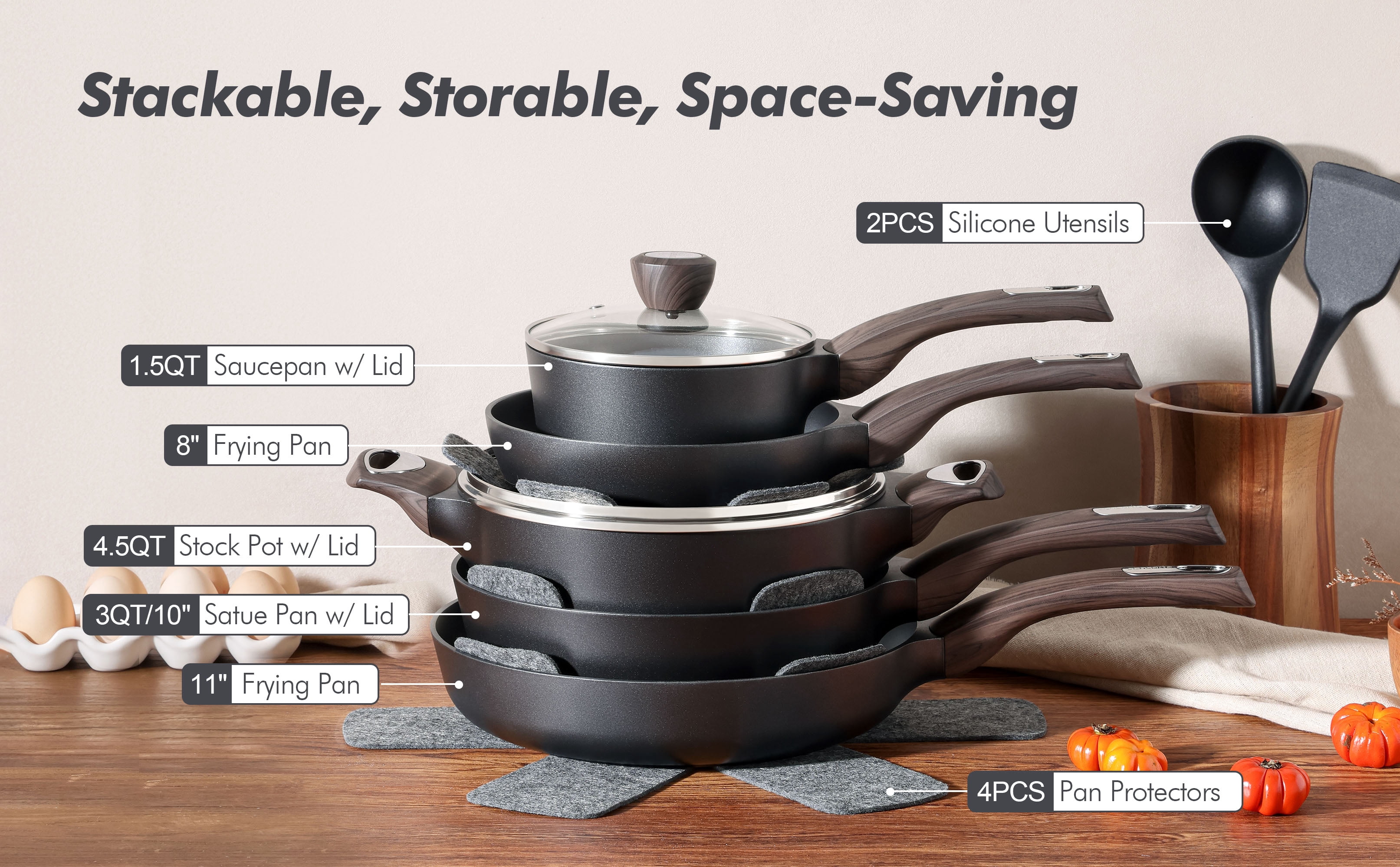SENSARTE 13-Piece Nonstick Pots and Pans Set, Black Healthy Cookware Set, Kitchen Cooking Sets with Stay-Cool Handles, Induction Compatible, Stackable