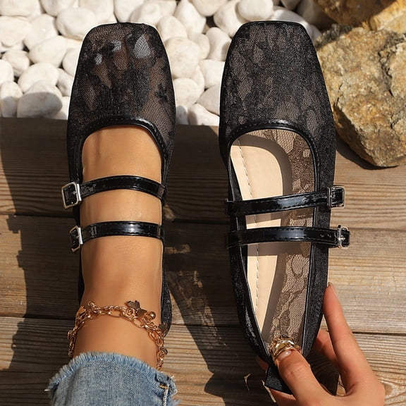 OKBOP Women's Lace Mary Jane, Square Toe Buckle Strap Comfortable