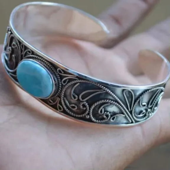 QQTDFG Tibetan Women 925 Silver Turquoise Carve Bracelet Bangle Cuff Wedding Jewelry-#1