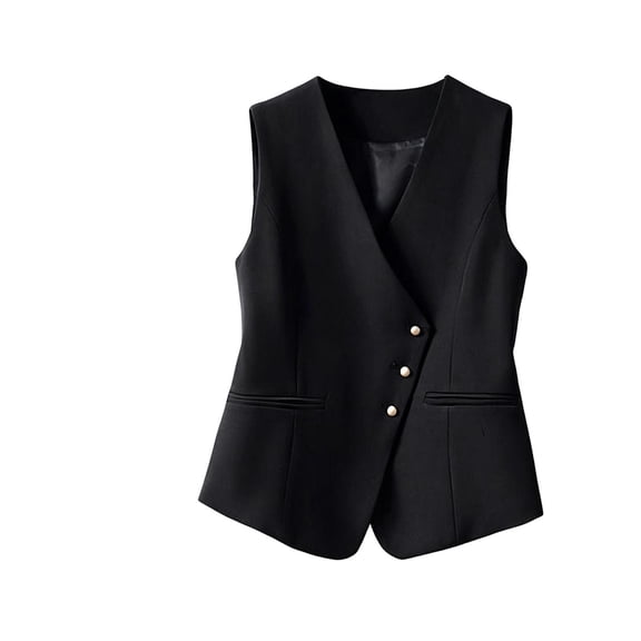 Women Solid Color Sleeveless Vest, Lightweight Layering Piece V Neck Asymmetrical Button Outerwear