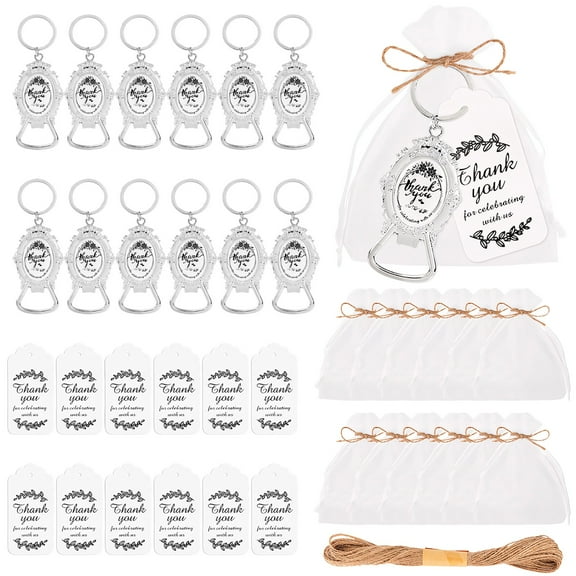 12 Pcs Keychain Bottle Openers with Organza Bags, Silver Zinc Alloy Keychains with "Thank You" Tags, Perfect for Weddings, Baptisms, and Parties