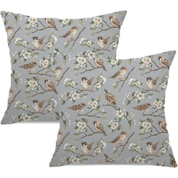Bird Pillow Covers 18x18 Pack of 2 Grey Herbs Botanical Wildflower Throw Pillow Covers, Summer Seasonal Decor Pillowcase Rustic Farmhouse Decorative Cushion Case for Sofa Couch Outdoor