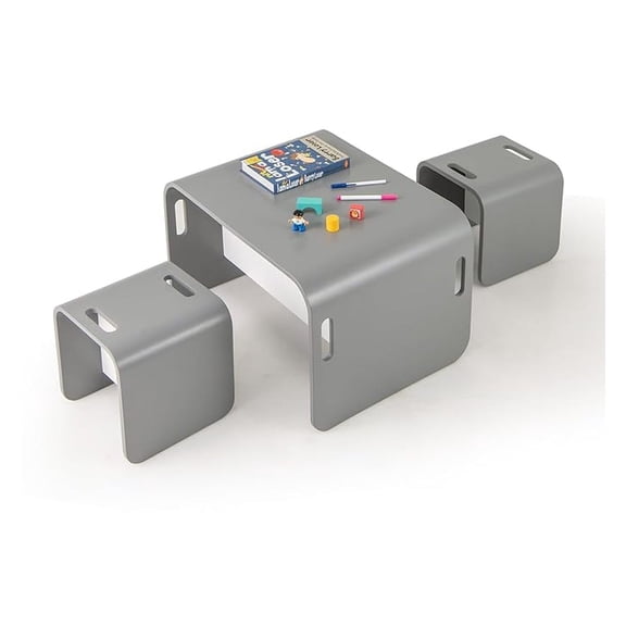 Kids Table and Chair Set, Wood Baby Activity Table and 2 Stacking Chairs with Storage, for Reading, Eating, Arts, , Playroom, Toddler Table & Chair Set for Girls Boys, Grey