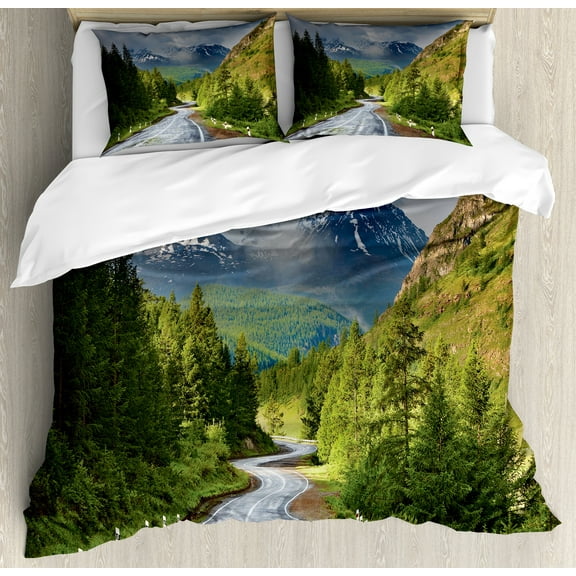 Woodland Duvet Cover Set, Mountain Landscape Road Cloudy Sky Pine Trees Forest Summer Rainy Day Scene, Decorative 3 Piece Bedding Set with 2 Pillow Shams, Queen Size, Green Grey Brown, by Ambesonne
