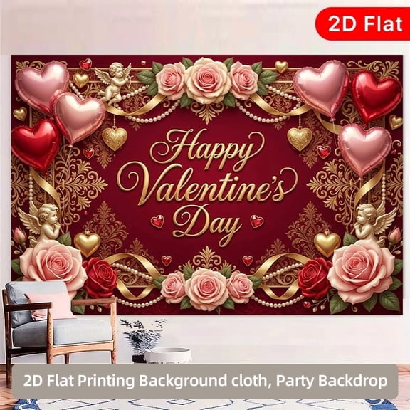 Happy Valentine's Day Backdrop Red Pink Rose Valentine Background Heart Balloons Golden Heart Couple Holiday Party Decorations Banner Supplies Photo Booth Props
