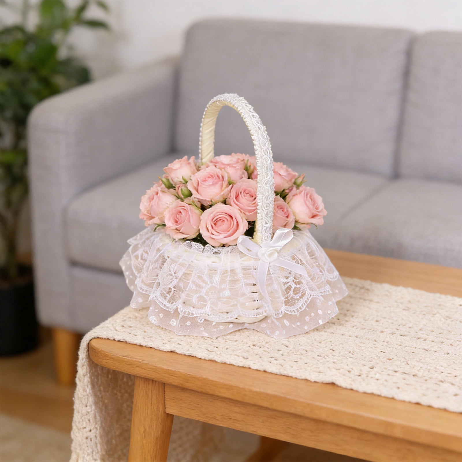 RuiJiao White Plastic Handheld Storage Basket with Floral Design, Lightweight Easter Decoration and Home Organization