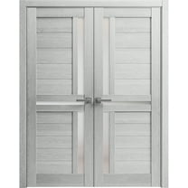 Solid French Double Doors 48 x 84 inches | Veregio 7288 Light Grey Oak with Frosted Glass | Wood Solid Panel Frame Trims | Closet Bedroom Sturdy Doors