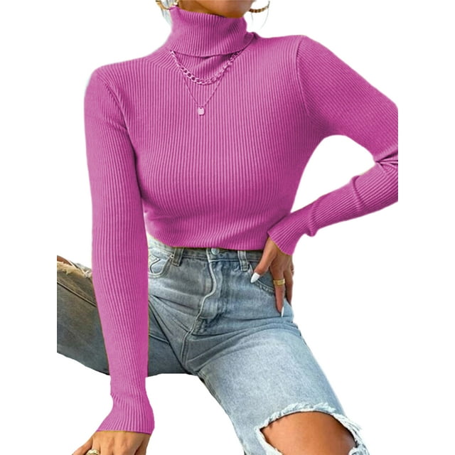 Avamo Hauts pour Femmes Chandails à Manches Longues en Tricot Col Montant Chandail Décontracté Tunique Blouse Tenue Quotidienne Chandail Rose Rouge m