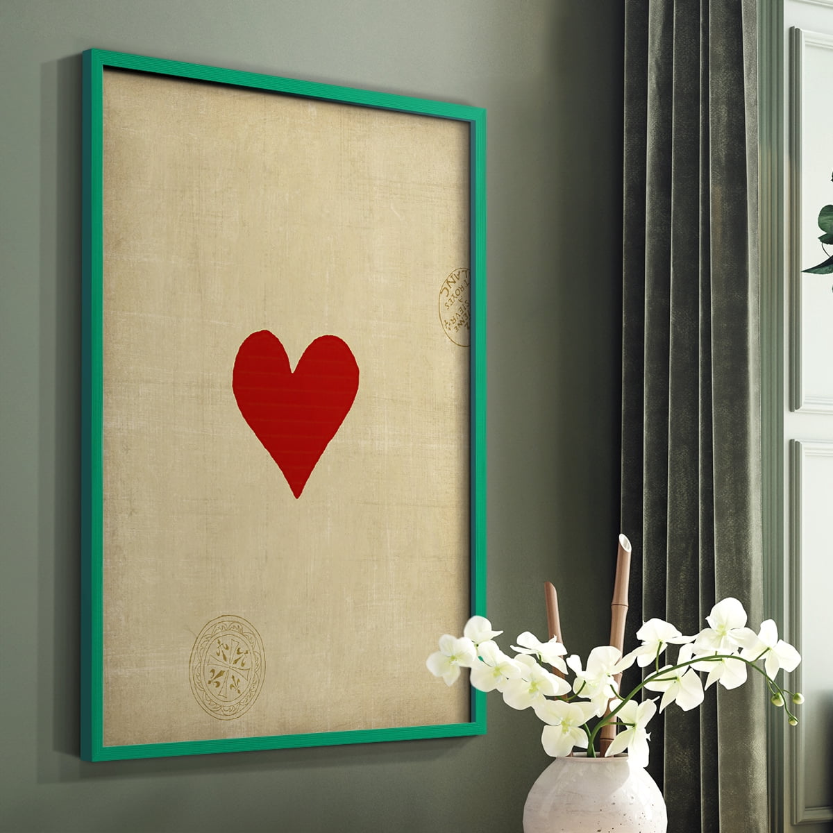 Heart Framed Print in Green Solid Wood Framed Print No Nail Hanging