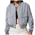 thumbnail image 1 of PEASKJP Womens Cropped Bomber Jacket Button Down Varsity Jackets Shackets With Pockets(Grey,L), 1 of 5