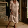 thumbnail image 5 of FDGIU Women's V Neck 3/4 Sleeve High Waist Gathered Pocket Loose Flowy Linen Midi Dress, Boho Beach Vacation Casual Home Lounge Swing Long Dresses, 5 of 6