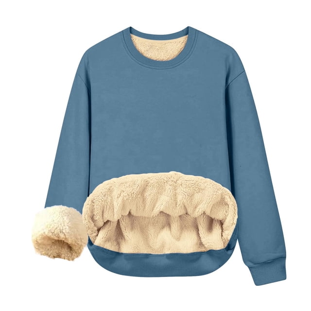 Qucoqpe - Camiseta de manga larga con cuello redondo para mujer, sudadera cálida de invierno con forro polar, blusa informal de color liso, blusa azul cielo 2XL