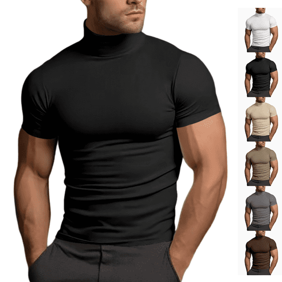 LRGSHF Short Sleeve Shirts for Men Fashion Turtleneck Summer Fitted T-Shirts Breathable Lightweight Classic Undershirt Soft Solid Tees