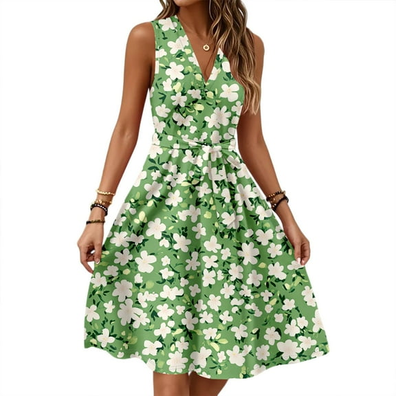 Sundresses For Women 2025, Casual V Neck Sleeveless Floral Tunic Tank Wedding Guest Dress Cocktail Beach Vacation Black Birthday Plus Size Summer 4Th Casual Dresses (S, Army Green) ZMTing