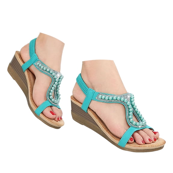 IUJSOY Womens Sandals Open Toe Dressy Wedges Heels Elegant Rhinestone Beaded Beach Shoes Pumps