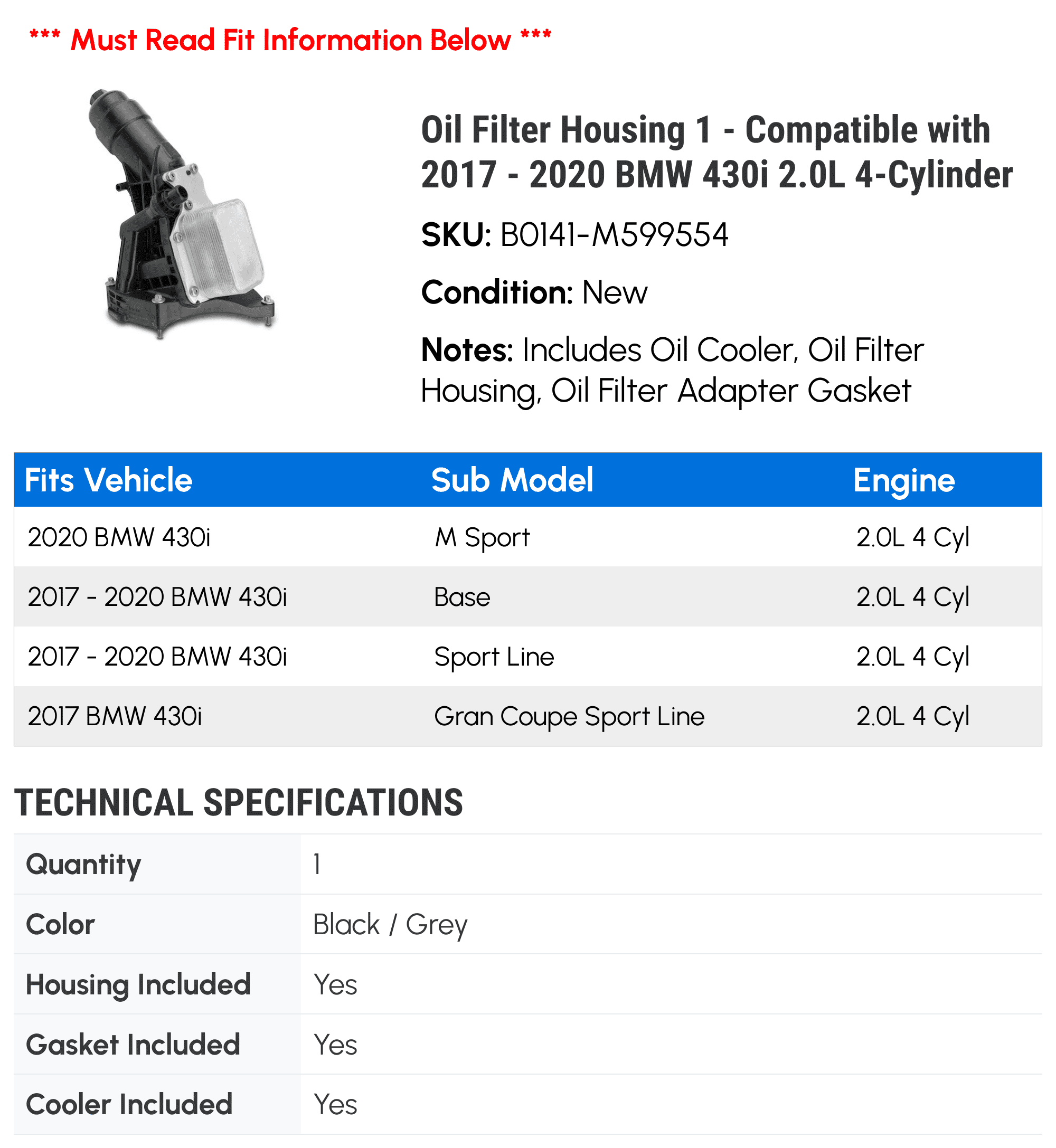 Oil Filter Housing 1 - Compatible with 2017 - 2020 BMW 430i 2.0L 4-Cylinder - Autopart Premium
