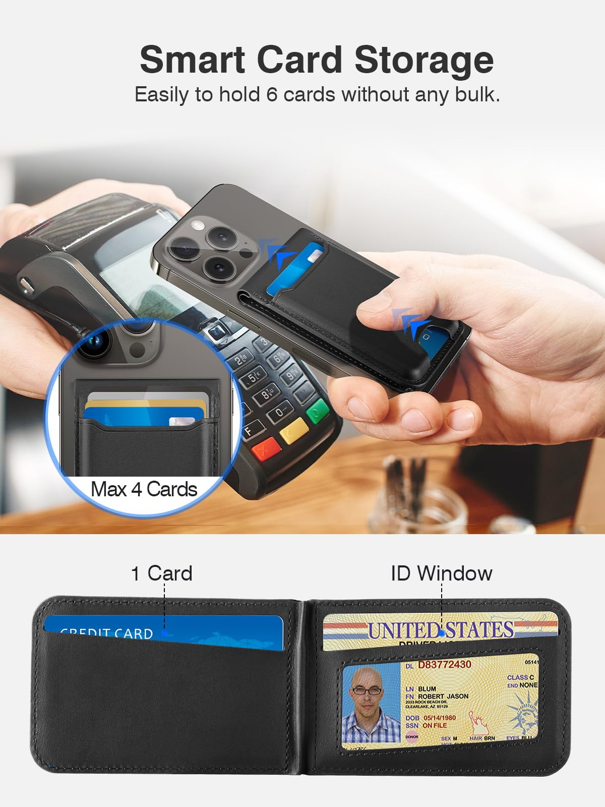 Magnetic Phone Wallet Stand Compatible for iPhone 17/16/15/14/13/12 Series, Magnetic Wallet Card Holder with Detachable Phone Case for iPhone 16 Pro Max, 1 Set
