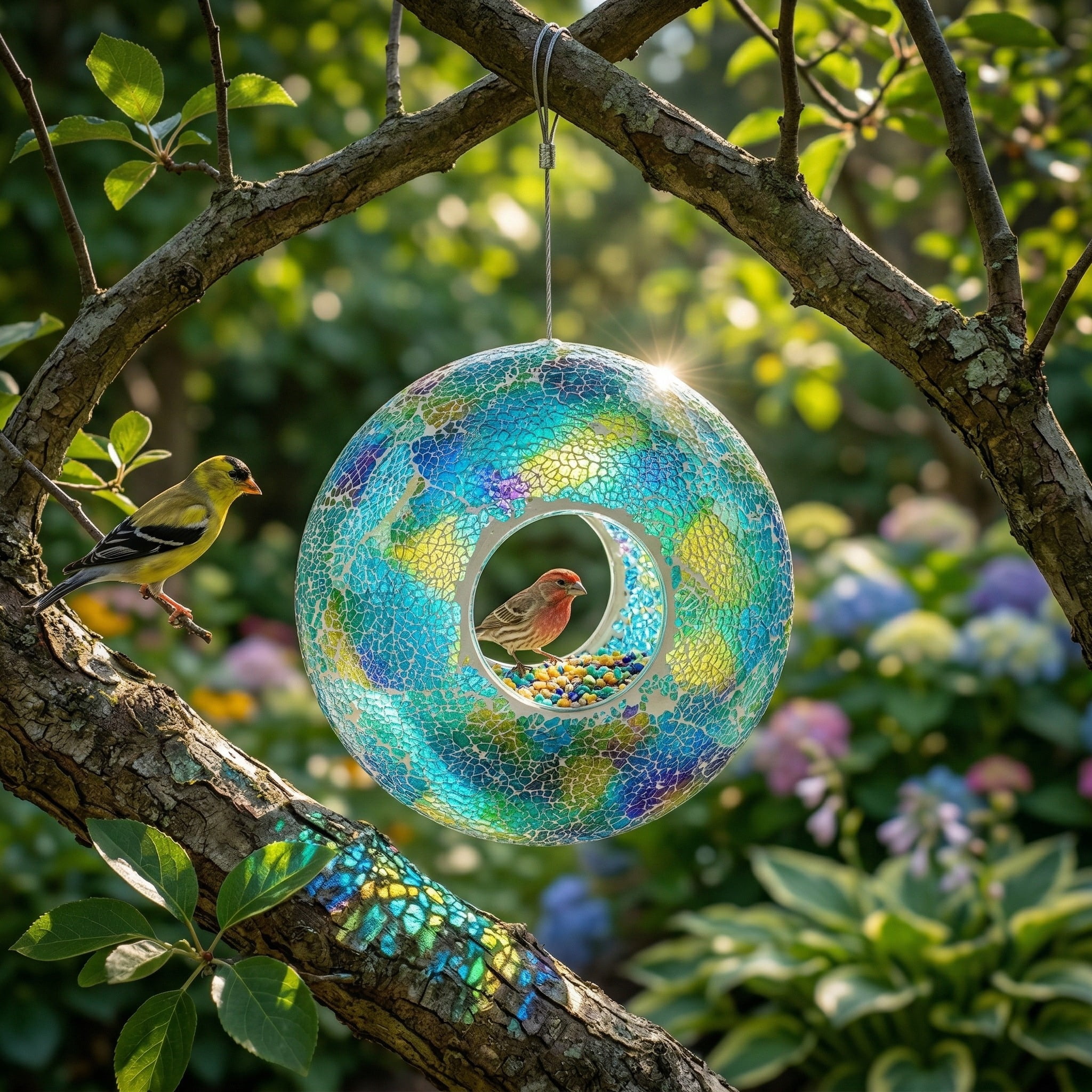 Topadorn Mosaic Glass Hanging Bird Feeder, 9 Inch, Fly-Through Design for Cardinals, Finches & Wild Birds, Blue and Green, Garden Yard Decoration