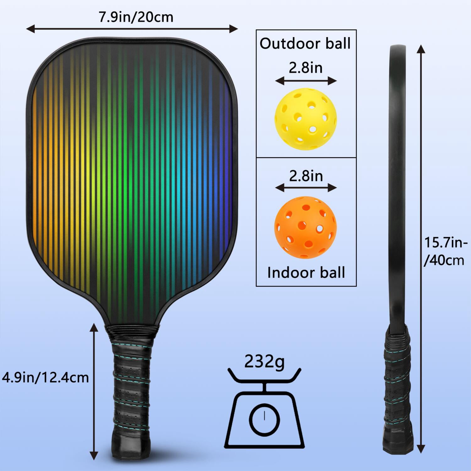 Pickleball Paddles Set Of 2, Fiberglass Surface, Vibrant Rainbow Print, 4 Balls & Bag