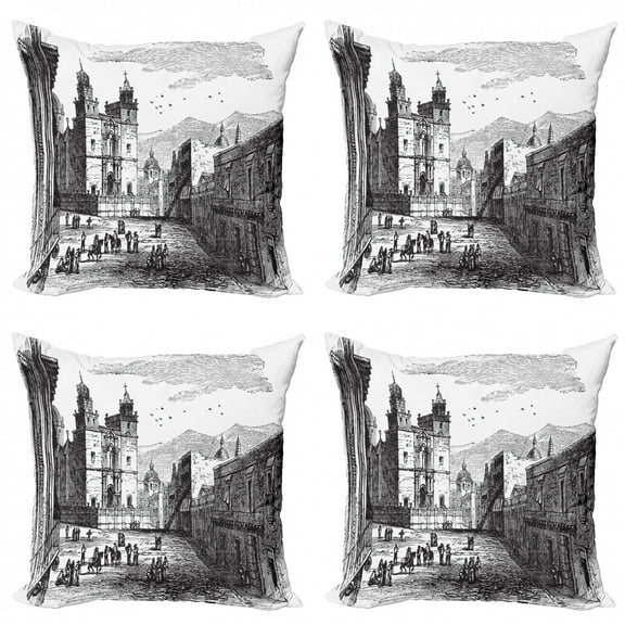 City Throw Pillow Cushion Case Pack of 4, Sketchy Engraved Style Drawing of Historic Building at Guanajuato, Modern Accent Double-Sided Print, 4 Sizes, Charcoal Grey White, by Ambesonne