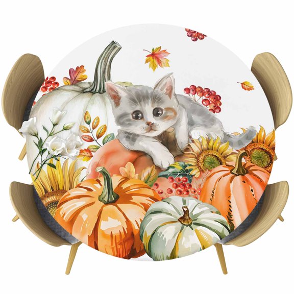 Burnt Orange Pumpkins Fall Round Tablecloth, Fitted Table Cover with Elastic for 45"-54" Round Tables, Thanksgiving Cat Yellow Sunflowers Table Cloth Outdoor Dinning Party Waterproof Tablecloths