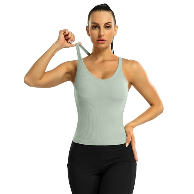 Charmo Women's Scoop Neck Ribbed Tank Tops Slim Straps Cropped Tops Built in Bra