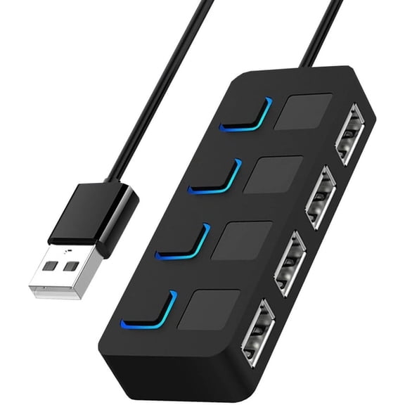 4-Port USB 2.0 Hub With Individual LED lit Power Switches [Charging NOT supported] For Mac & PC (Black USB 2.0)