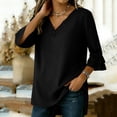 thumbnail image 3 of Womens Tops Ruffle 3/4 Sleeve Dressy Casual Shirts Solid Color V-Neck Tunic Summer Vacation Blouse Black, 3 of 6