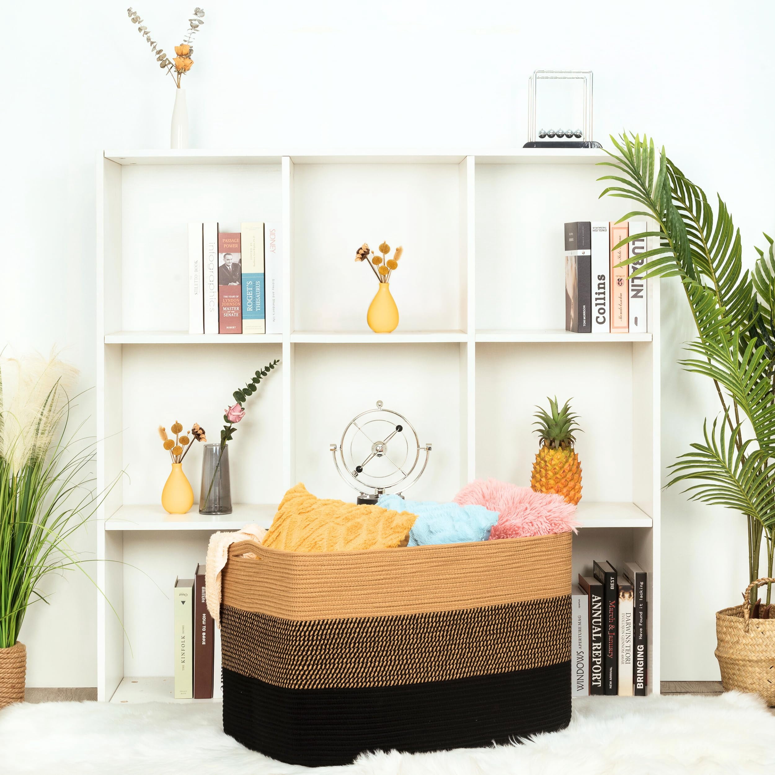 Rectangle Woven Storage Basket Black Jute 112L For Laundry, Towels, Blankets And Pet Toys
