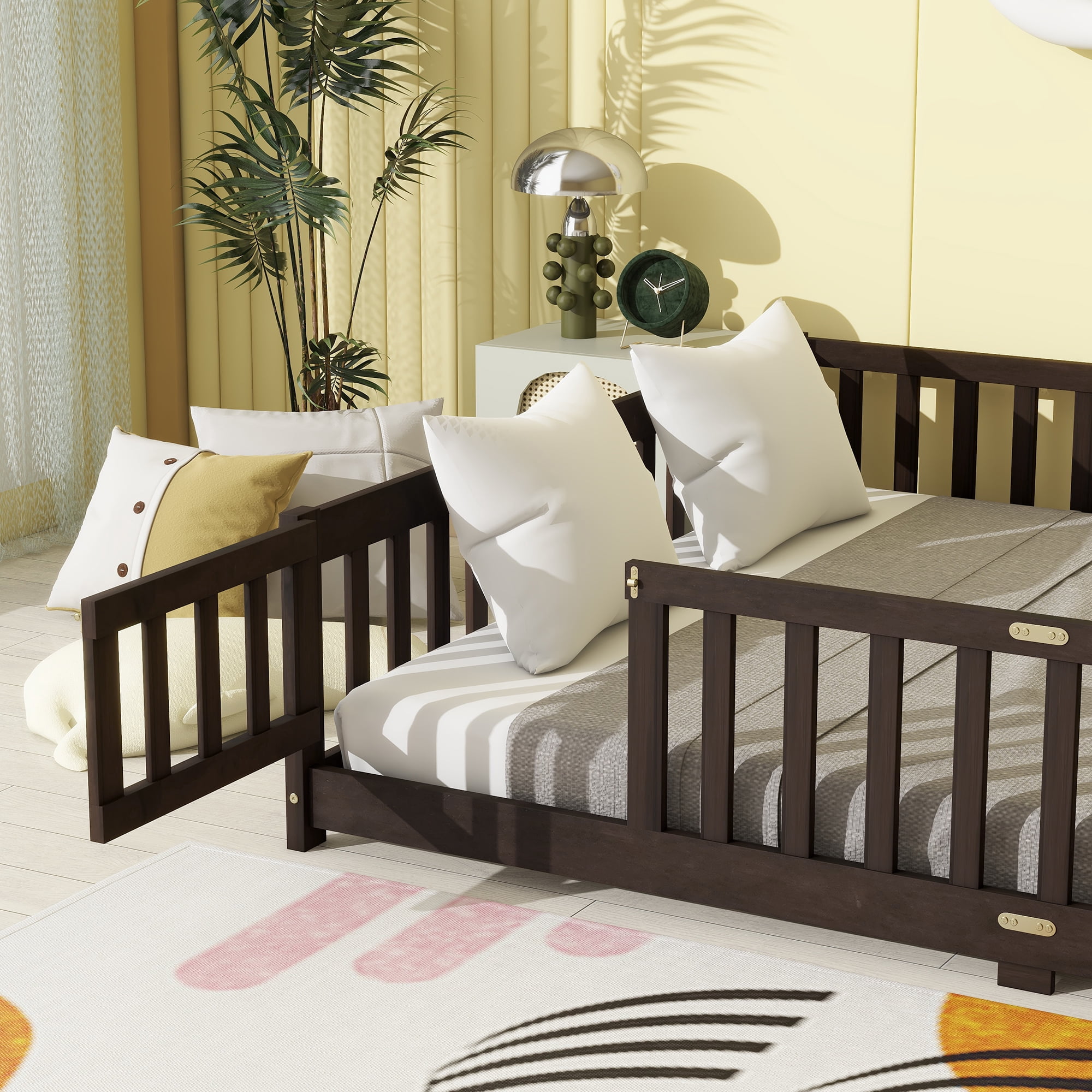 Sailvan Queen Floor Bed with Fence and Door, Solid Wood Kids Platform Bed Frame Espresso