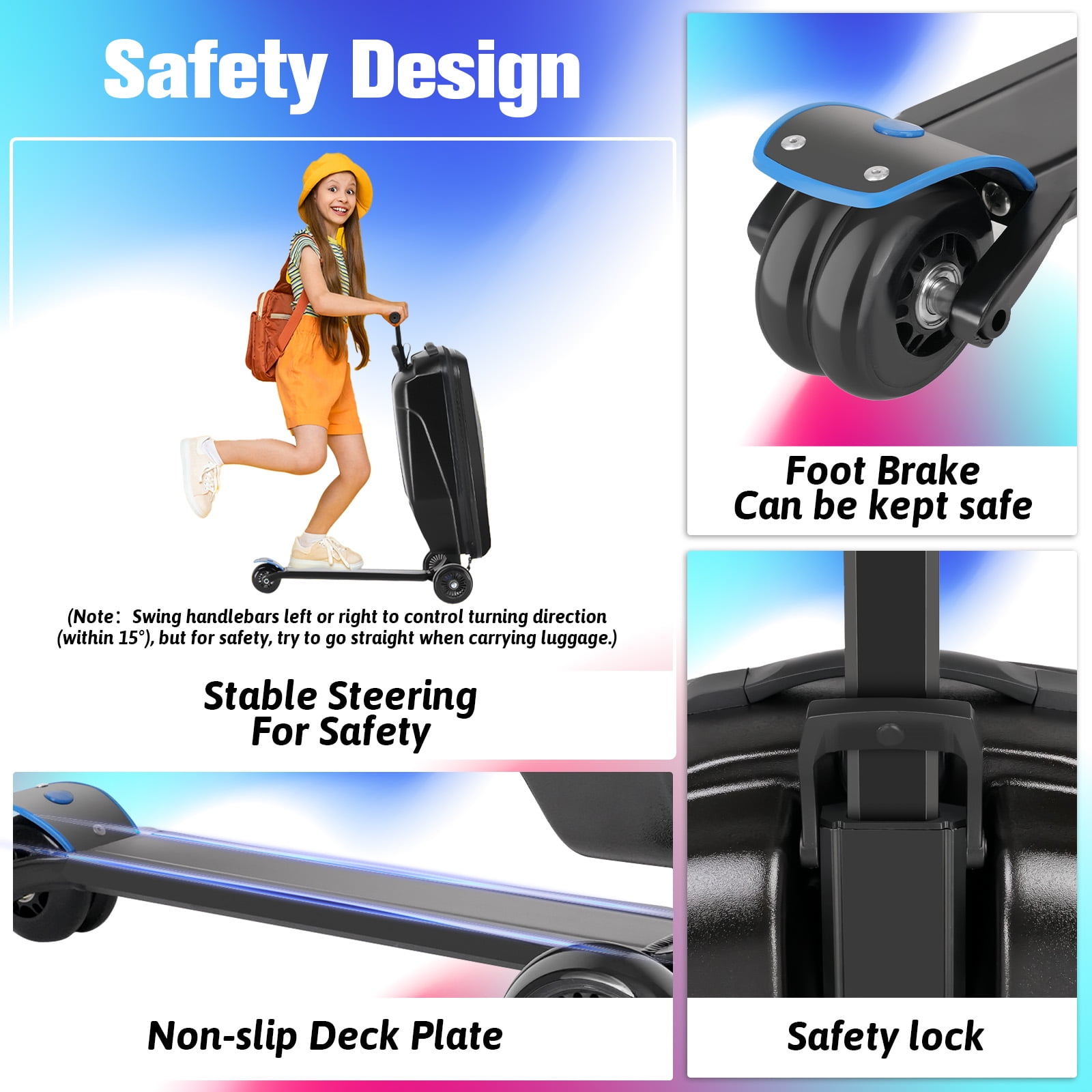 Advwin Scooter Luggage for Kids & Adults, Hardside Ride on Suitcase for Kids Ages 4-15 Multifunctional Lightweight Foldable Carry on Luggage with Wheels Ride on for Children Teenagers, Black