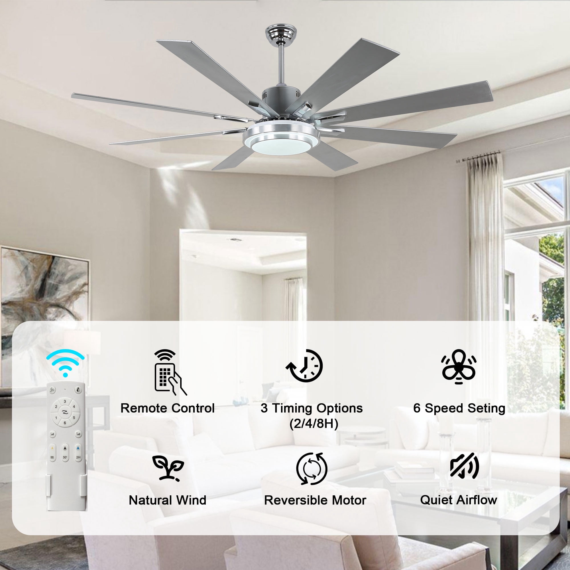 Bella Depot 72" Modern Silver LED Ceiling Fan 6-Speed Reversible Chandelier With Dimmable Light and Remote Control