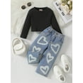 thumbnail image 4 of Suealasg 2pcs Little Girl Long Pants Set Solid Color Long Sleeve Crew Neck Pullover Heart Pattern Denim Trousers 1T 2T 3T 4T 5T  Kids Casual Summer Outfits, 4 of 8