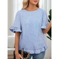 thumbnail image 4 of Women'S Round Neck Half-Sleeve Striped Loose Casual Shirt Ruffled Tops Blue Stripes L, 4 of 7