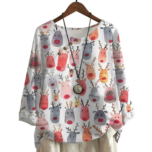 CLOOCL Oversized T-Shirt for Women Elk Reindeer Print Blouse Casual Female Loose Plus Size Tops