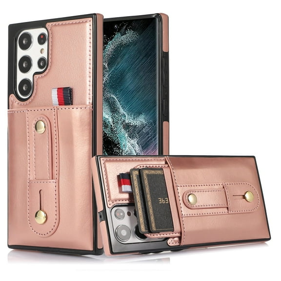 Dteck for Samsung Galaxy S22 Ultra Case, PU Leather Adjustable Loop Strap Case with Hidden Cart Slot Shockproof Protective Case for Samsung S22 Ultra 6.8" 2022 Ladies Women Men, Rose Gold