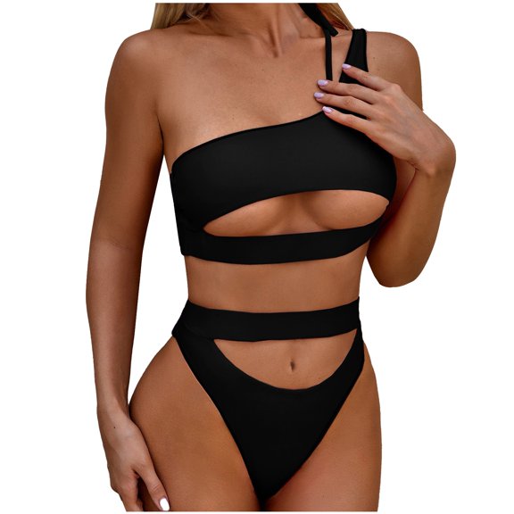 Sngxgn Bikini Set for Women Two Piece Swimsuit V Neck Top Wide Straps Mid Rise(Black,S)