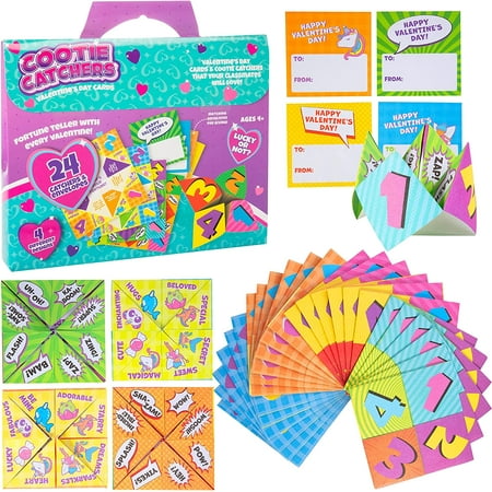 

Kids Valentines Day Cards for School Exchange Gifts (24ct)- Fantasy Fortune Teller Kits w Matching Envelopes- Pre-Folded Boys & Girls Paper Origami Cootie Catchers- Valentines Cards for Kids Classroom