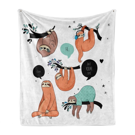 Animal Soft Flannel Fleece Throw Blanket, Cartoon Style Illustration Tribe of Sloths Smiles Sleeping Lazy does Yoga Words, Cozy Plush for Indoor and Outdoor Use, 50" x 70", Multicolor, by Ambesonne