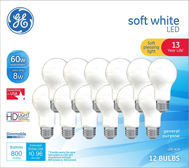 GE Led 8W (60W Equivalent) Soft White Color, A19 General Purpose Light Bulbs, 13 Year Life, Dimmable, 12pk