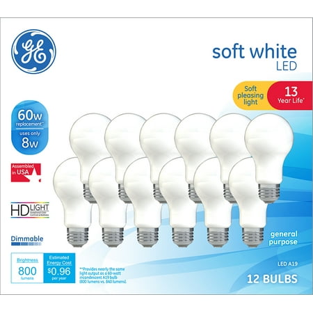 GE Led 8W (60W Equivalent) Soft White Color, A19 General Purpose Light Bulbs, 13 Year Life, Dimmable, 12pk