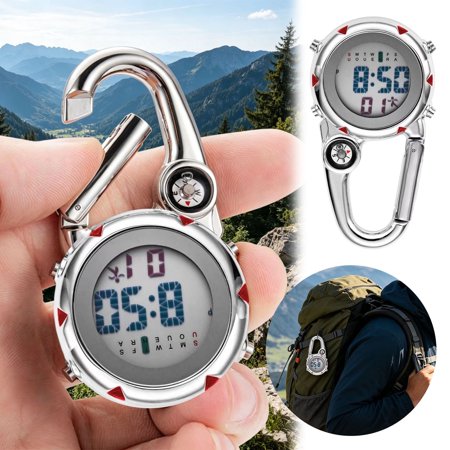 Forestwhale Luminous Hanging Pocket Watch for Hiking Outdoor Night Glow Clip Watch with Carabiner Stainless Steel Mountaineering Travel Clock,Brick Red