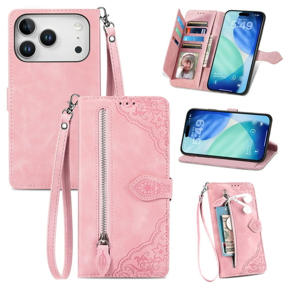 ELEHOLD Luxury Folio Wallet Case For iPhone 17 Pro 2025, Embossed Flower Pattern 7 Card Slots Zipper Pocket Wrist Strap Kickstand Case Cover, Pink