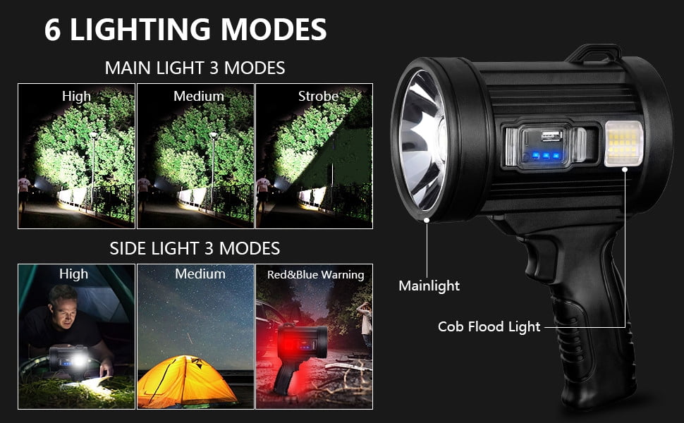 Rechargeable Spotlight Flashlight 9000LM, Handheld LED Spotlight with Solar Panel & COB Floodlight, Waterproof Super Bright Light for Camping Boating Hunting Emergency - USB-C Charging