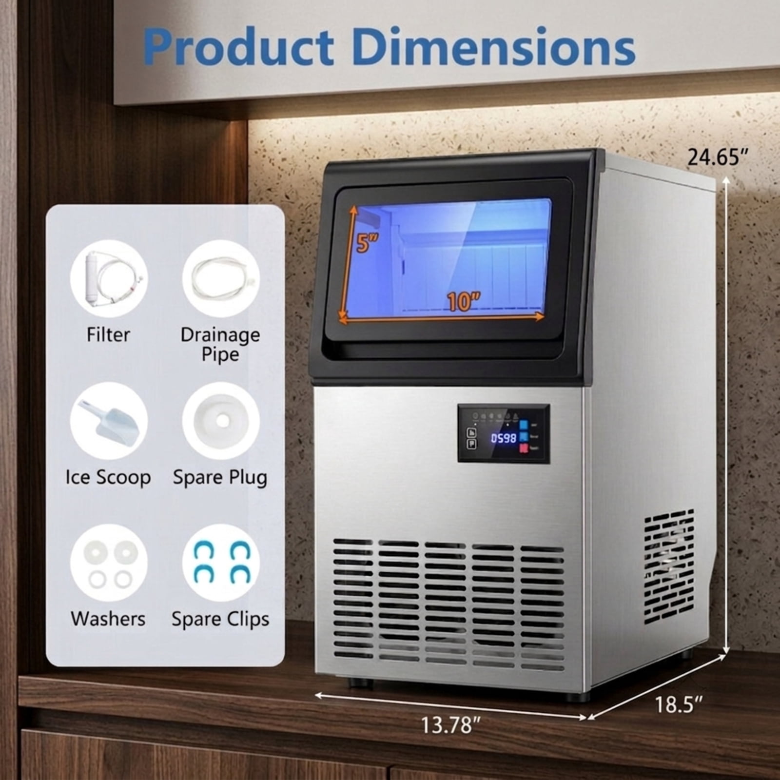 RUIE Stainless Steel Ice Maker Machine 80 lbs/24H with 30 lbs Storage, Countertop Spray Commercial Ice Machine for Home Bar Kitchen Restaurant