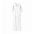 thumbnail image 6 of Women's Cotton Linen 2-Piece Outfit V-Neck Button Top Wide Leg Pants Casual Vacation Loungewear Set White XXL(XXL), 6 of 7