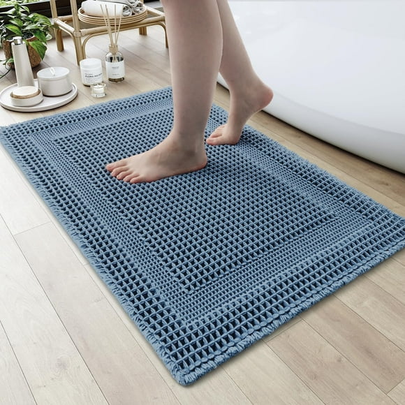 AMOAMI Waffle Bath-Mat, Absorbent Bath Mats for Bathroom Non Slip, Machine Washable Bathroom Rugs with Tassels Ultra Soft Boho Bath Rugs for Floor 24"x36" Blue